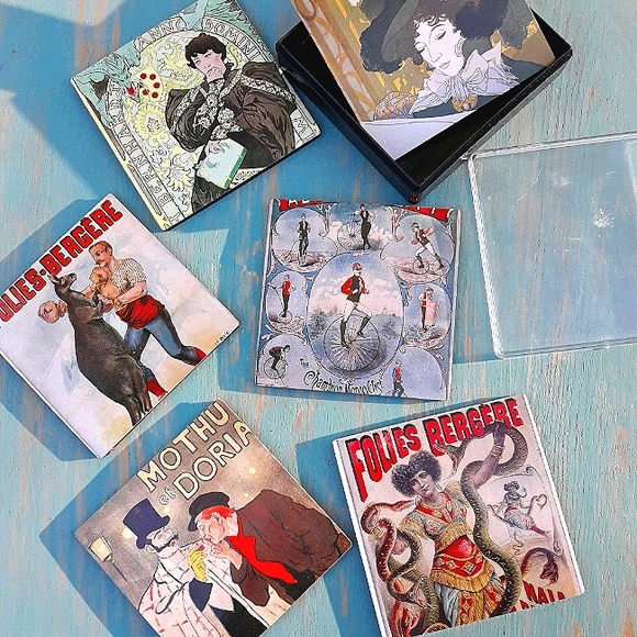 Coaster Set 6 Vintage Drink Coasters Box French - Picture 6 of 16